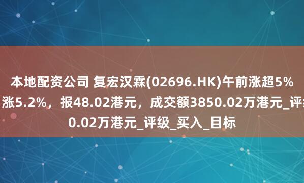 本地配资公司 复宏汉霖(02696.HK)午前涨超5%，截至发稿，涨5.2%，报48.02港元，成交额3850.02万港元_评级_买入_目标